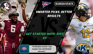 NCAA football graphic featuring Florida State Seminoles player in maroon uniform alongside Kent State Golden Flashes quarterback in white and gold, promoting betting picks and predictions for September 20, 2025.