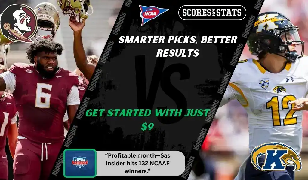 NCAA football graphic featuring Florida State Seminoles player in maroon uniform alongside Kent State Golden Flashes quarterback in white and gold, promoting betting picks and predictions for September 20, 2025.