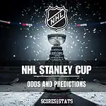 Stanley Cup trophy on ice with NHL odds and predictions banner.