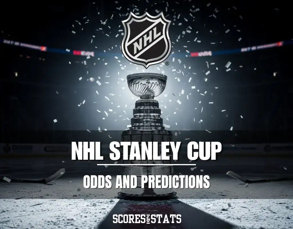 Stanley Cup trophy on ice with NHL odds and predictions banner.