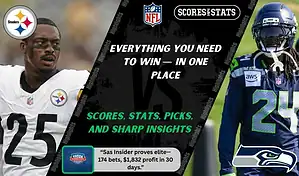 NFL matchup graphic showing a Pittsburgh Steelers player in white uniform against a Seattle Seahawks player in navy uniform, promoting betting picks and predictions for September 14, 2025.