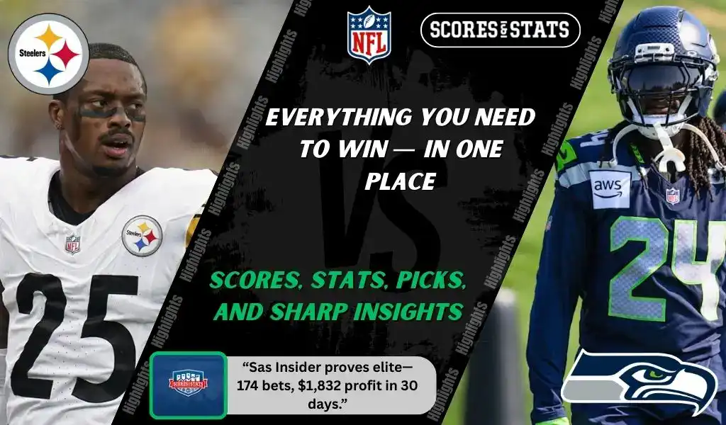NFL matchup graphic showing a Pittsburgh Steelers player in white uniform against a Seattle Seahawks player in navy uniform, promoting betting picks and predictions for September 14, 2025.