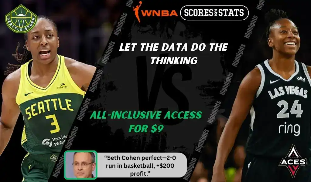 WNBA matchup graphic featuring a Seattle Storm player in green and yellow uniform against a Las Vegas Aces player in black uniform, promoting betting picks and predictions for September 16, 2025.