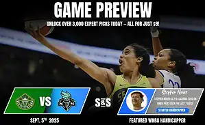 A basketball game preview graphic featuring Seattle Storm vs. New York Liberty, with details about expert picks and a highlighted handicapper.