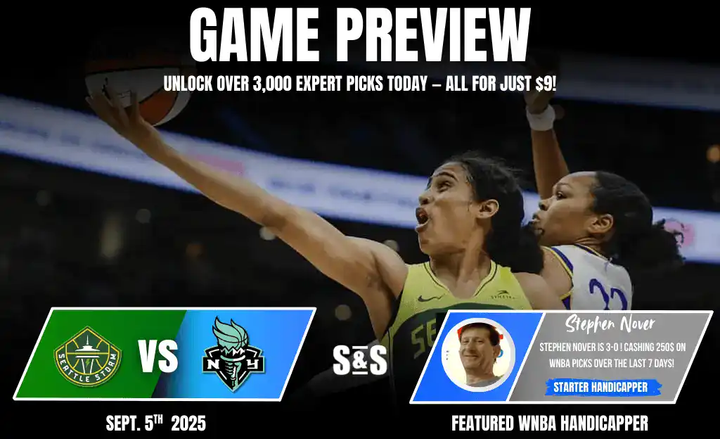 A basketball game preview graphic featuring Seattle Storm vs. New York Liberty, with details about expert picks and a highlighted handicapper.