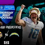 Minnesota wide receiver Justin Jefferson in uniform on the left and Los Angeles quarterback Justin Herbert celebrating on the right with “Thursday Night Football Odds and Predictions” text in the center.