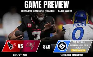 A quarterback in a Texans uniform prepares to pass, while a defender in a Rams jersey rushes towards him. Football game preview graphic.