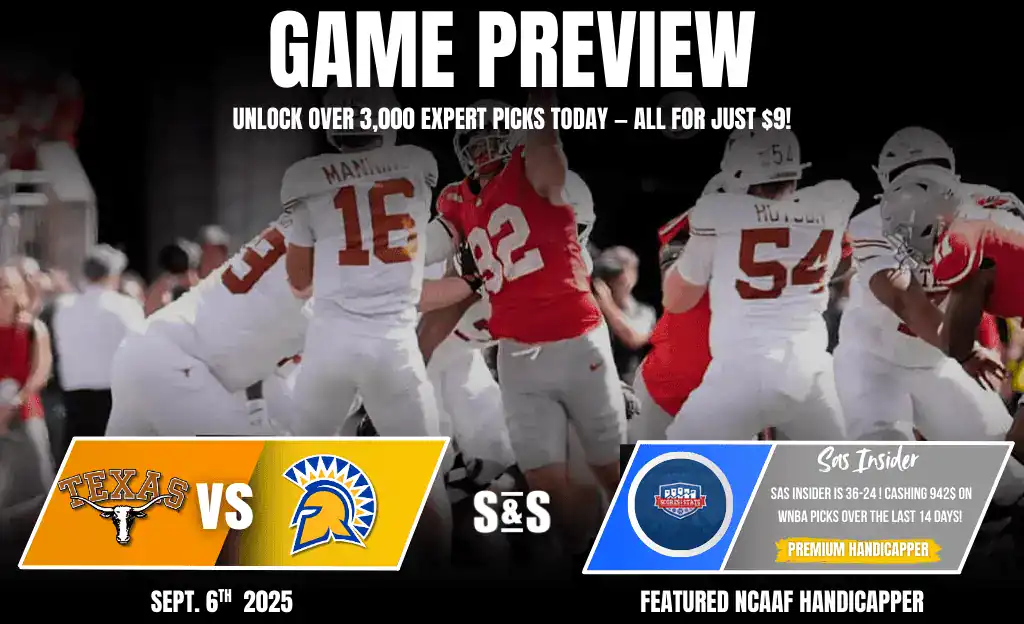 Game preview for the Texas vs. San Jose State match on September 6, 2025, featuring expert picks for $9.