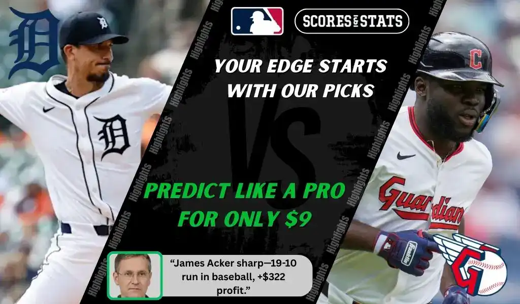 MLB matchup graphic featuring a Detroit Tigers pitcher in white uniform against a Cleveland Guardians batter in white uniform, promoting betting picks and predictions for September 18, 2025.
