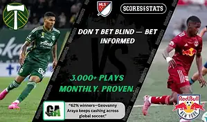 MLS matchup graphic featuring a Portland Timbers player in green kit dribbling against a New York Red Bulls player in red kit, promoting betting picks and predictions for September 13, 2025.