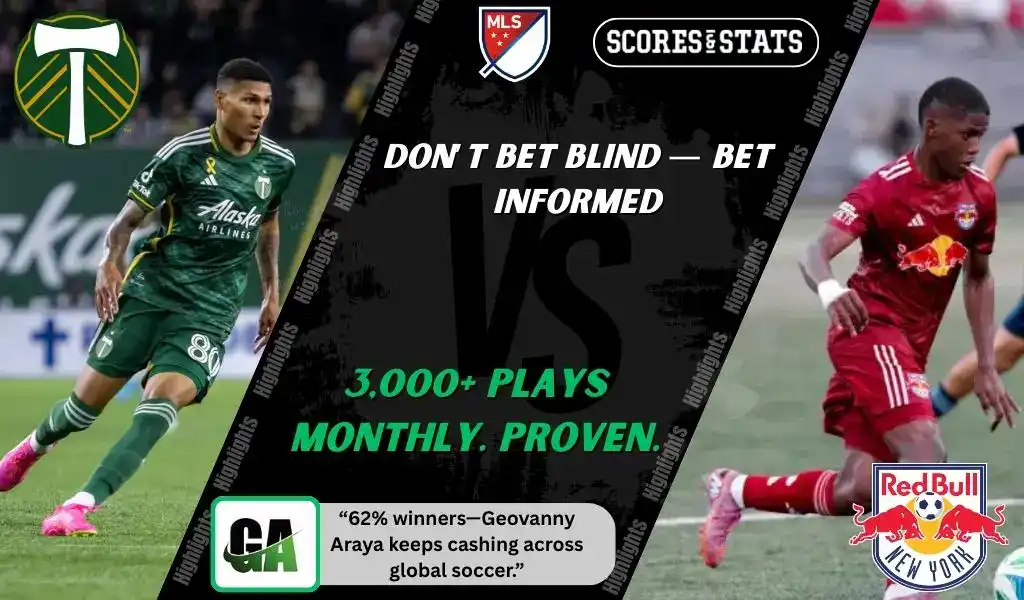 MLS matchup graphic featuring a Portland Timbers player in green kit dribbling against a New York Red Bulls player in red kit, promoting betting picks and predictions for September 13, 2025.