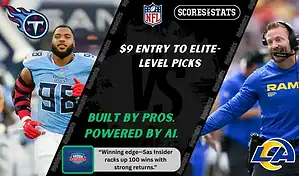 NFL matchup graphic featuring a Tennessee Titans player in light blue uniform alongside Los Angeles Rams head coach on the sideline, highlighting betting picks and predictions for September 14, 2025.