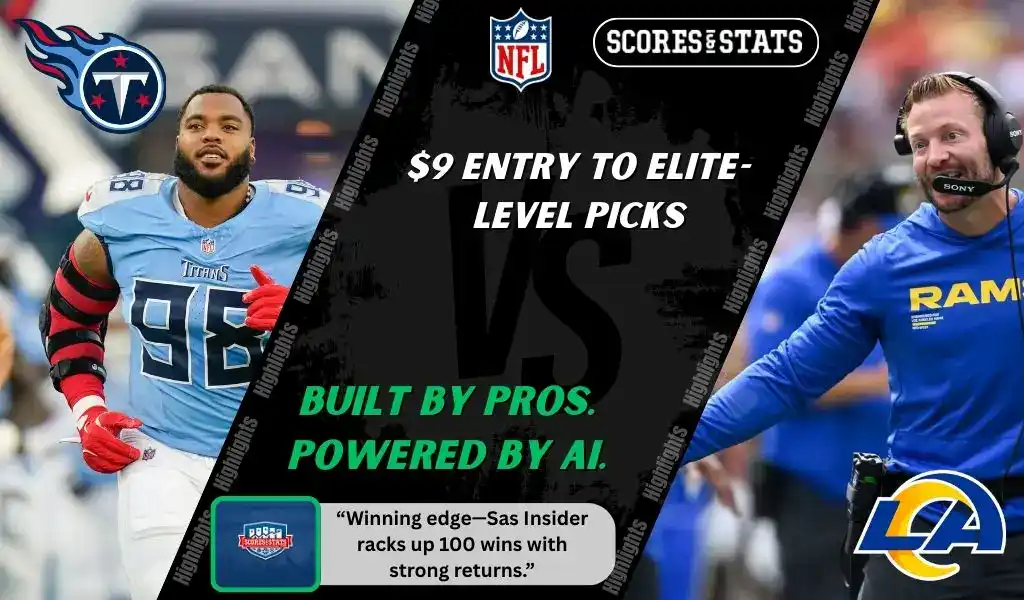 NFL matchup graphic featuring a Tennessee Titans player in light blue uniform alongside Los Angeles Rams head coach on the sideline, highlighting betting picks and predictions for September 14, 2025.