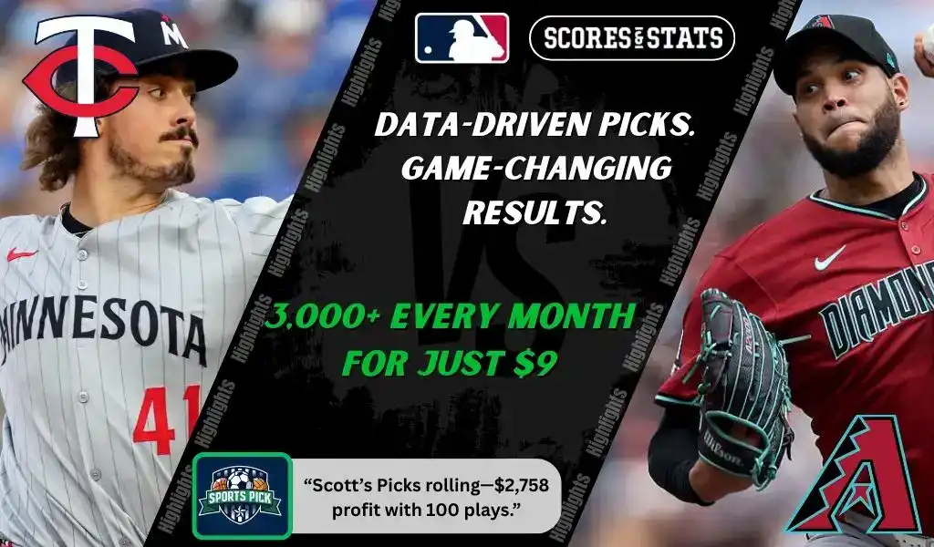 MLB matchup graphic featuring a Minnesota Twins pitcher in gray uniform against an Arizona Diamondbacks pitcher in red uniform, highlighting betting picks and predictions for September 13, 2025.