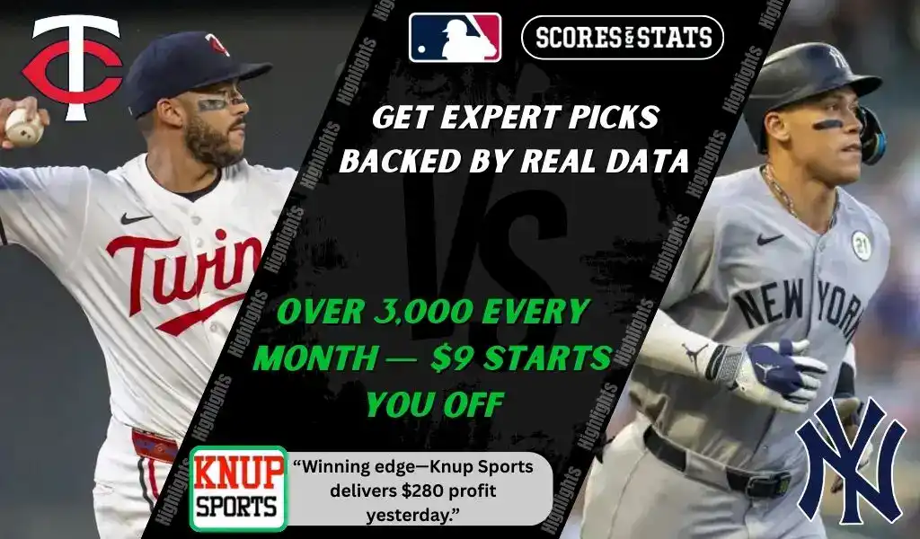MLB matchup graphic featuring a Minnesota Twins pitcher in white uniform against a New York Yankees batter in gray uniform, highlighting betting picks and predictions for September 16, 2025.