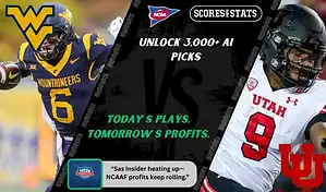 College football matchup preview showing West Virginia Mountaineers quarterback in yellow uniform and Utah Utes quarterback in black and red uniform, promoting betting picks and predictions for September 27, 2025.
