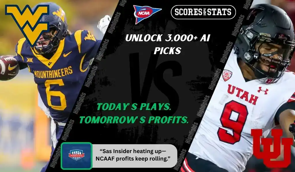 College football matchup preview showing West Virginia Mountaineers quarterback in yellow uniform and Utah Utes quarterback in black and red uniform, promoting betting picks and predictions for September 27, 2025.