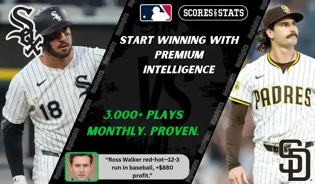 MLB matchup preview showing Chicago White Sox player in black uniform and San Diego Padres player in white uniform for September 20, 2025 picks and predictions.