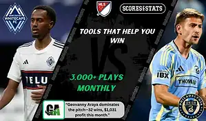MLS matchup graphic featuring a Vancouver Whitecaps player in white kit against a Philadelphia Union player in light blue kit, promoting betting picks and predictions for September 13, 2025.