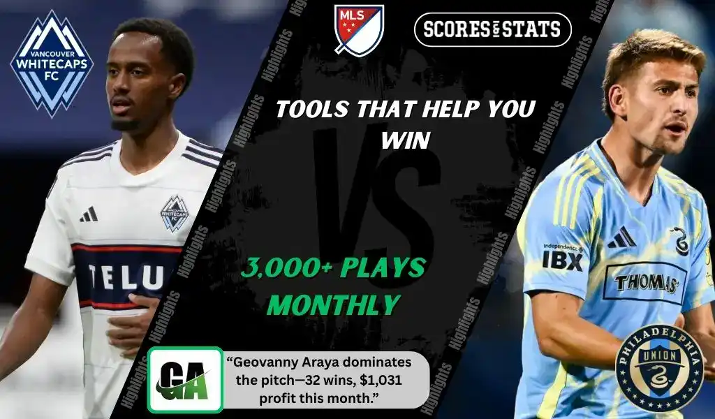 MLS matchup graphic featuring a Vancouver Whitecaps player in white kit against a Philadelphia Union player in light blue kit, promoting betting picks and predictions for September 13, 2025.