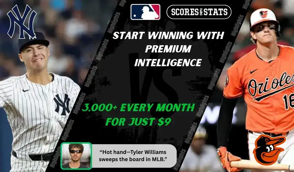 MLB game preview showing New York Yankees pitcher in action against Baltimore Orioles batter before September 26, 2025 matchup.