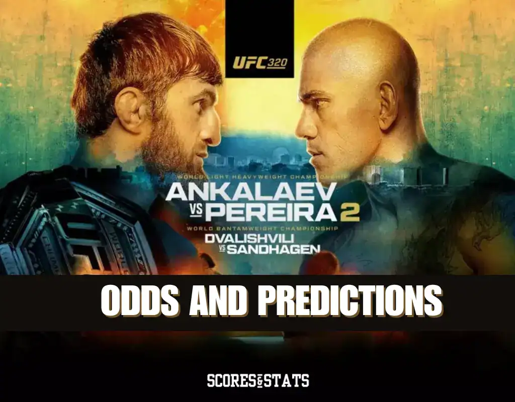 UFC 320 fight poster featuring Ankalaev vs Pereira 2 odds and predictions.