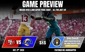 Game preview graphic featuring a matchup between the San Francisco 49ers and the Los Angeles Rams with promotional text for expert picks.