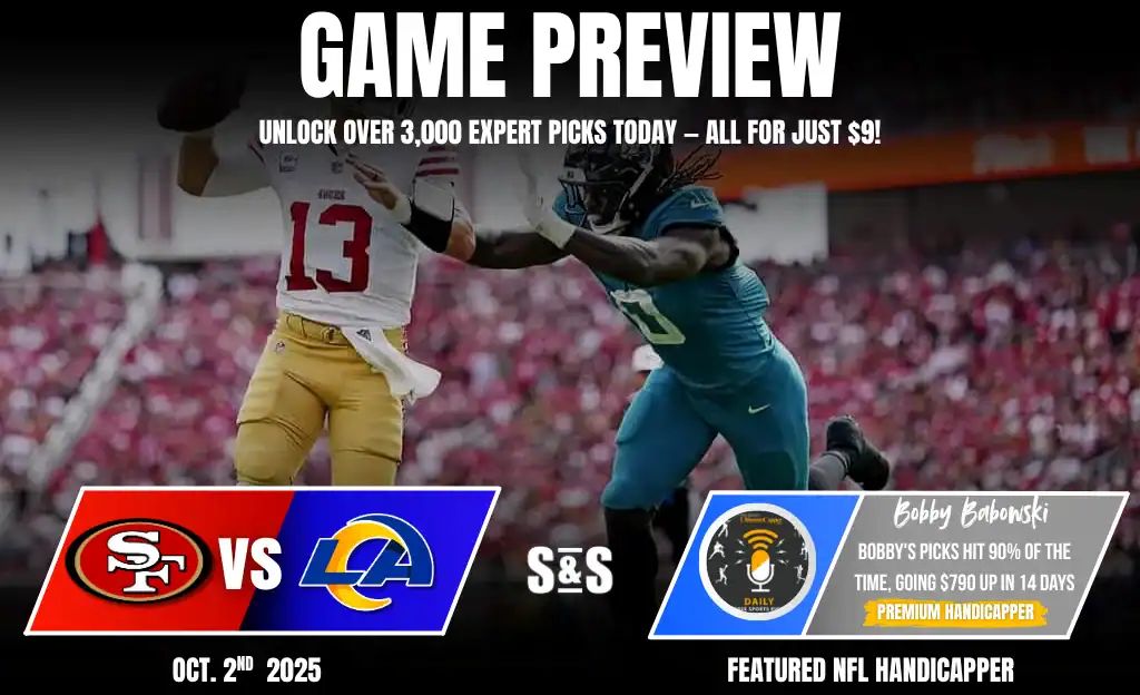 Game preview graphic featuring a matchup between the San Francisco 49ers and the Los Angeles Rams with promotional text for expert picks.
