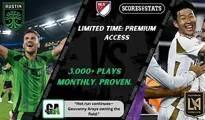 Austin FC player celebrating on the field faces Los Angeles FC players in white and gold uniforms during MLS matchup promo for expert picks and predictions on October 12th, 2025.