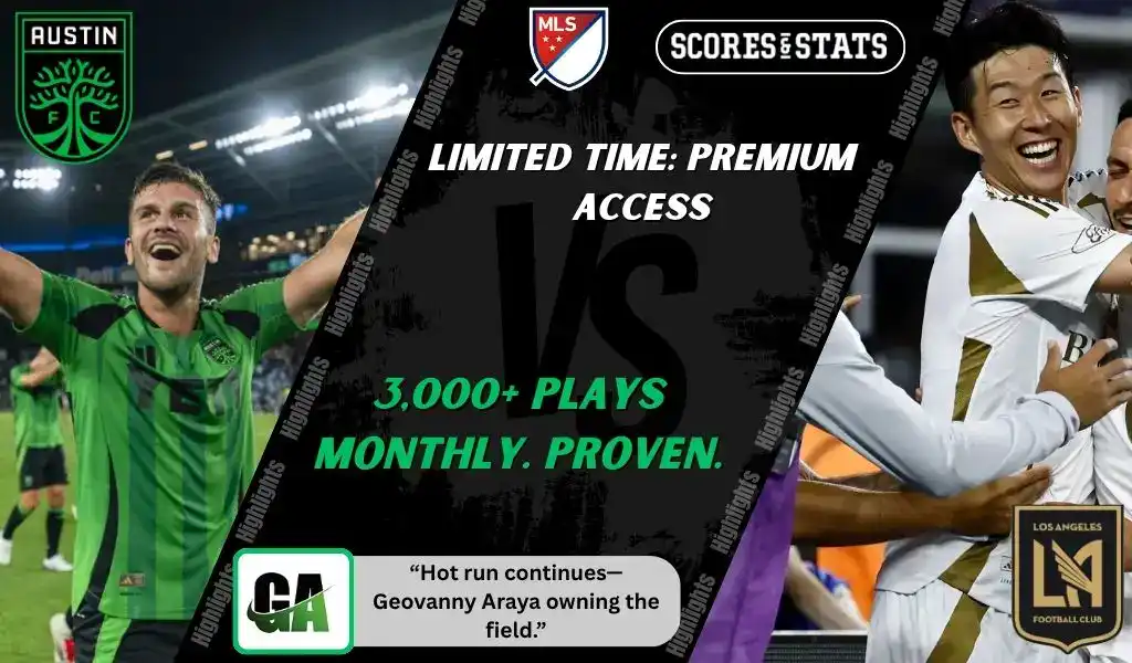 Austin FC player celebrating on the field faces Los Angeles FC players in white and gold uniforms during MLS matchup promo for expert picks and predictions on October 12th, 2025.