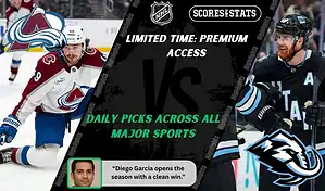 Colorado Avalanche player skates toward the puck while Utah Mammoth player prepares for play during NHL matchup promo for picks and predictions on October 9th, 2025.