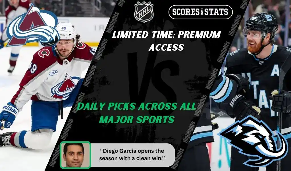 Colorado Avalanche player skates toward the puck while Utah Mammoth player prepares for play during NHL matchup promo for picks and predictions on October 9th, 2025.