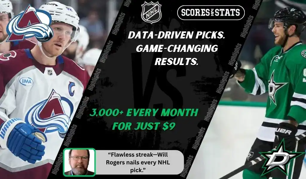Colorado Avalanche player faces Dallas Stars skater during NHL matchup promo for expert picks and predictions on October 11th, 2025.