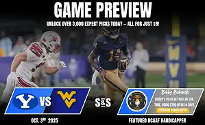 Game preview for a college football matchup on October 3rd, 2025, featuring BYU vs. WVU, with expert picks promotion.