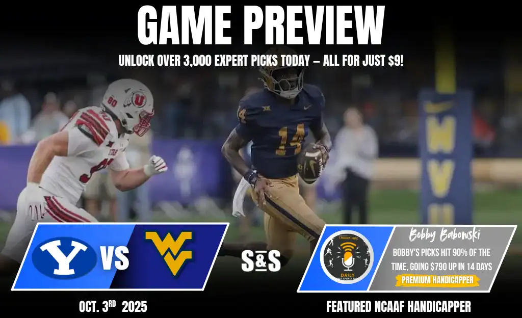 Game preview for a college football matchup on October 3rd, 2025, featuring BYU vs. WVU, with expert picks promotion.