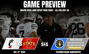 Image promoting a college football game preview between Cincinnati and Iowa State on October 4, 2025, featuring players and statistics.