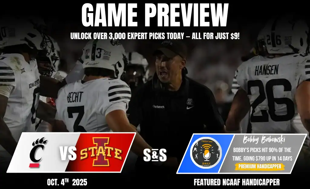 NCAAF 8 Image promoting a college football game preview between Cincinnati and Iowa State on October 4, 2025, featuring players and statistics.