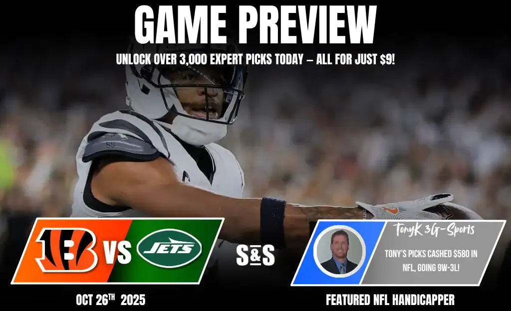 Cincinnati Bengals vs New York Jets Picks and Predictions October 26th 2025 1 NFL game preview poster featuring Bengals vs. Jets, highlighting betting insights and expert picks for October 26, 2025.