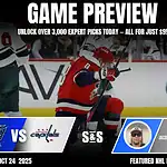 A hockey game preview graphic features the Columbus Blue Jackets vs. Washington Capitals, with promotional text and player statistics.
