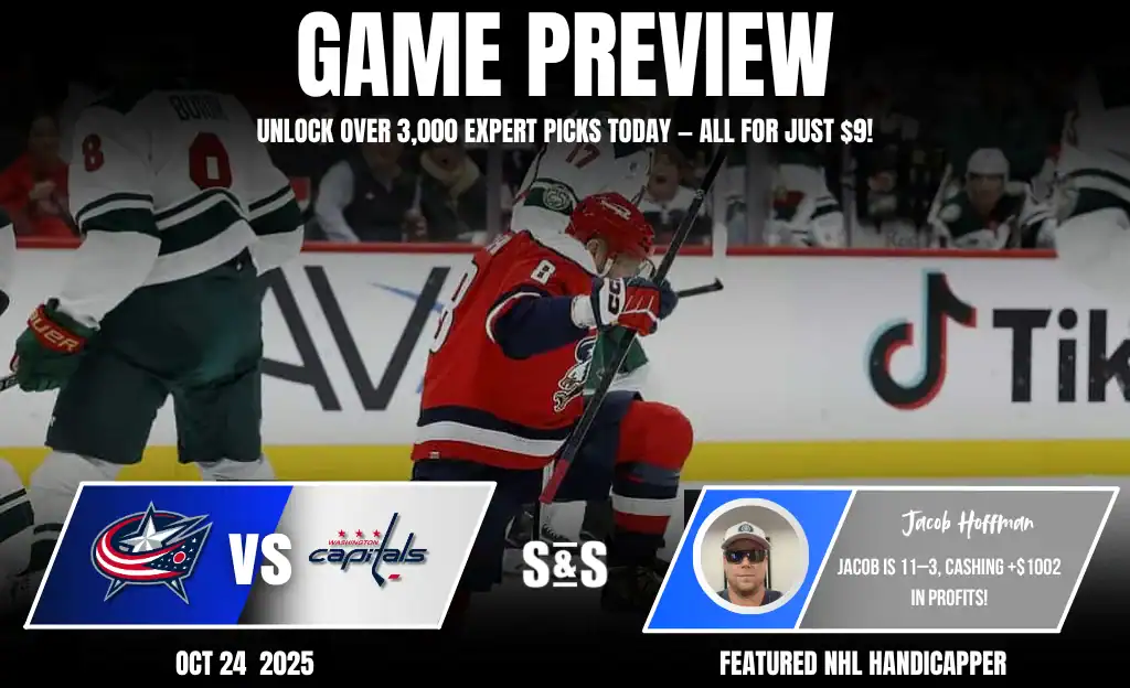 A hockey game preview graphic features the Columbus Blue Jackets vs. Washington Capitals, with promotional text and player statistics.