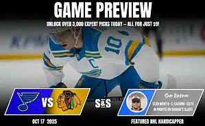 St. Louis Blues player in action during a game preview against the Chicago Blackhawks, with promotional details below.