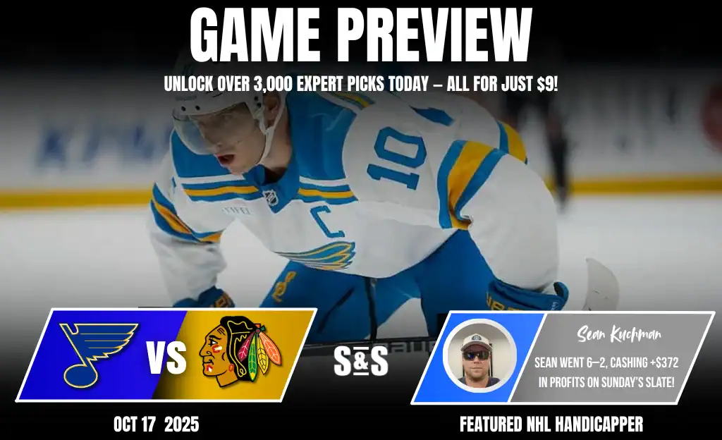 St. Louis Blues player in action during a game preview against the Chicago Blackhawks, with promotional details below.