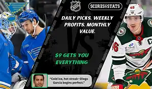 St. Louis Blues players celebrate while Minnesota Wild captain skates with the puck during NHL matchup promo for picks and predictions on October 9th, 2025.