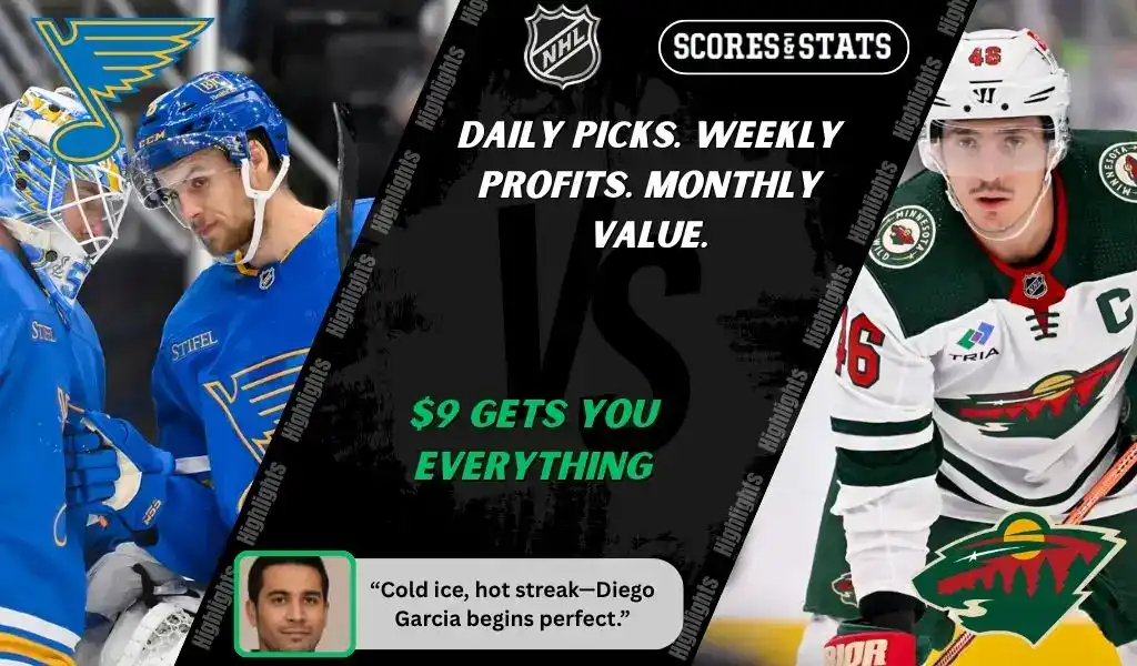 St. Louis Blues players celebrate while Minnesota Wild captain skates with the puck during NHL matchup promo for picks and predictions on October 9th, 2025.