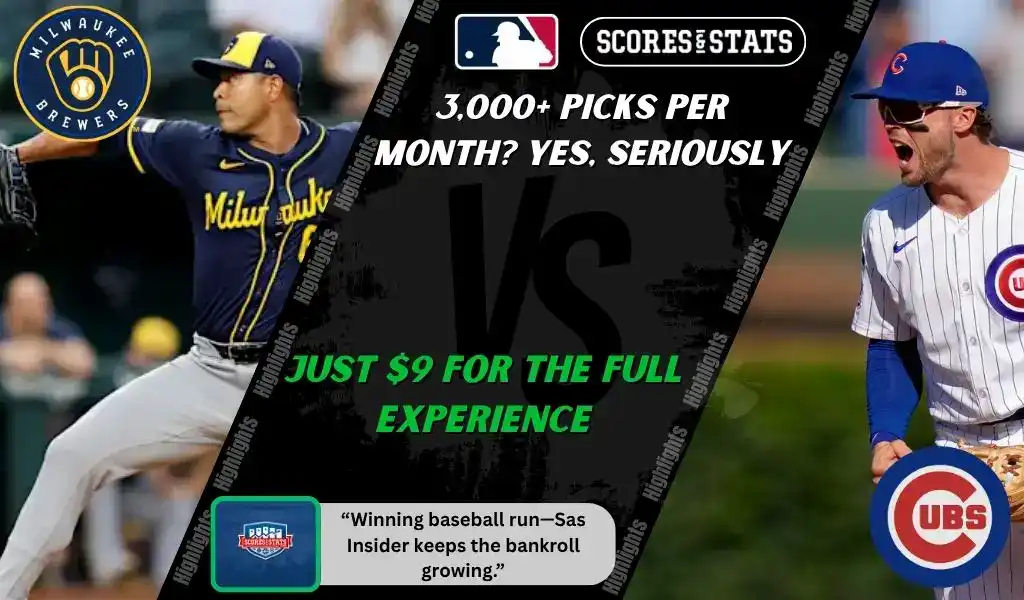 Milwaukee Brewers pitcher throws a pitch while Chicago Cubs player reacts during MLB game promo for picks and predictions on October 6th, 2025.