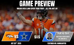 Image featuring a quarterback in a Broncos jersey throwing a football, with game preview details for an upcoming match against the Cowboys.