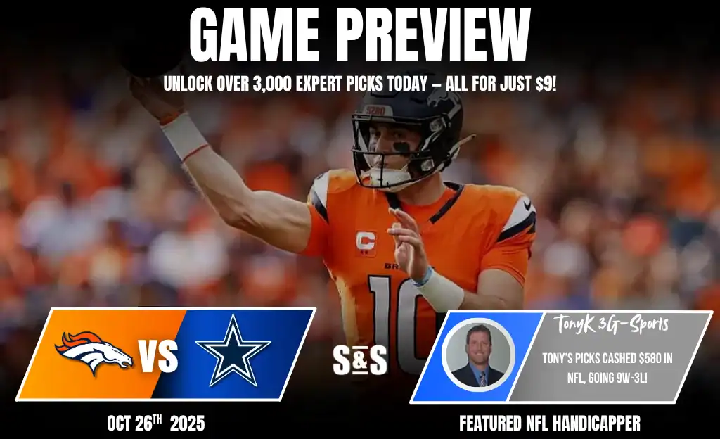 Previews 8 Image featuring a quarterback in a Broncos jersey throwing a football, with game preview details for an upcoming match against the Cowboys.