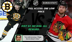 Boston Bruins player skates with the puck while Chicago Blackhawks player looks on during NHL matchup promo for picks and predictions on October 9th, 2025.