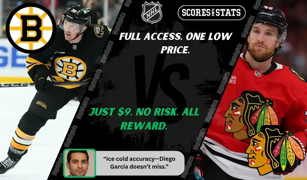 Boston Bruins player skates with the puck while Chicago Blackhawks player looks on during NHL matchup promo for picks and predictions on October 9th, 2025.