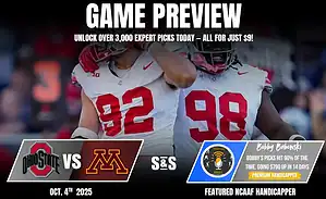 Promotional graphic for a game preview between Ohio State and Minnesota on October 4, 2025, featuring expert betting tips.